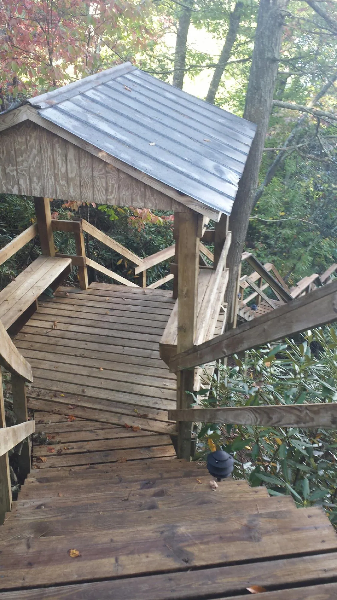 Metal roofed shelter over wooden steps on a wooded walkway — Skylight Repair & Installation work by our crew in Zionsville